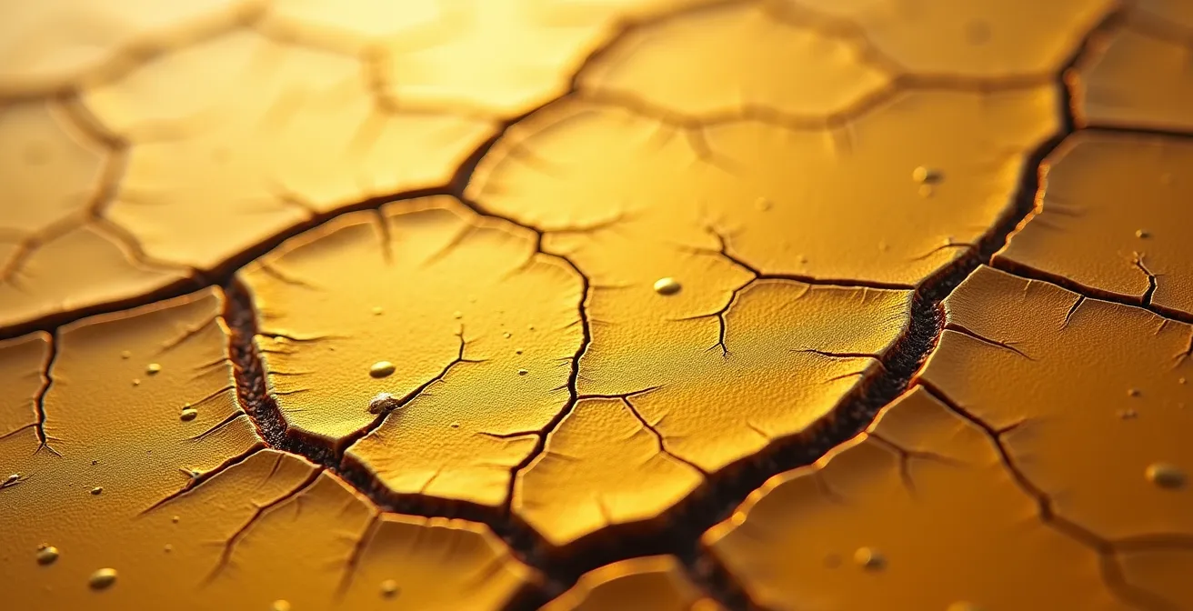 Extreme close-up of aged oil painting surface showing yellowed varnish craquelure patterns