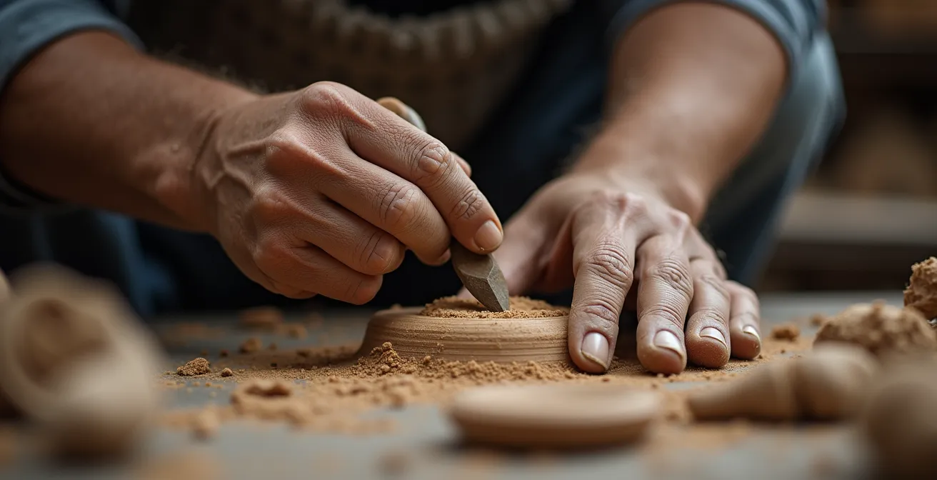 Close-up macro view of artist's hands working with traditional craft materials showing texture and authenticity