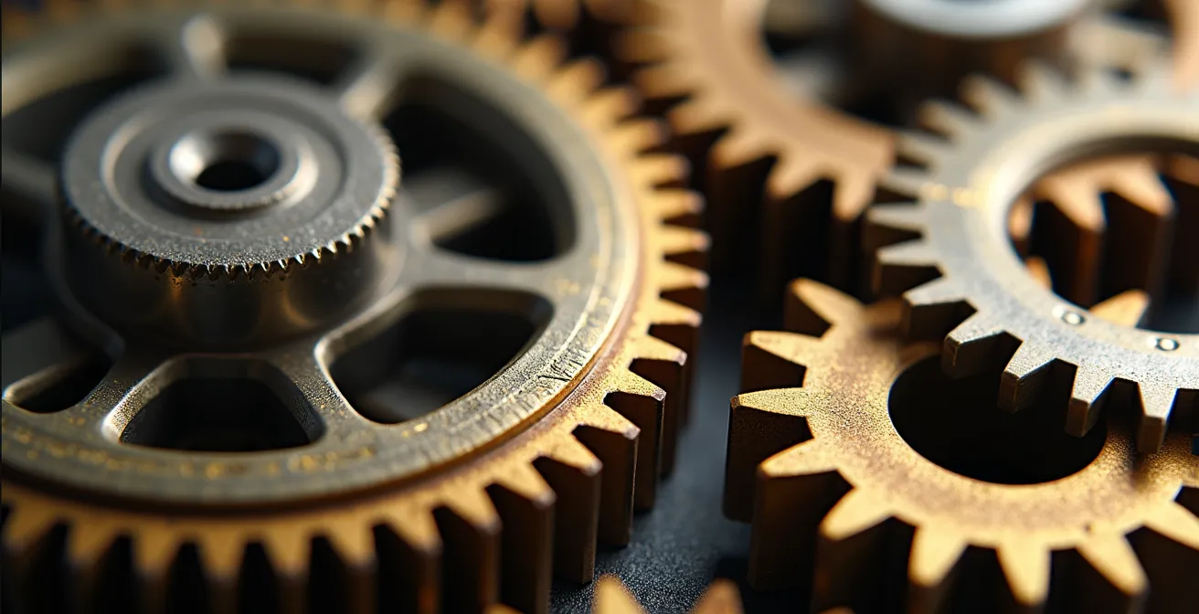 Macro shot of interconnected metallic gears in motion