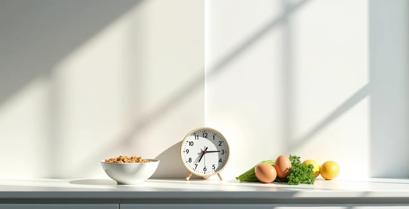 Wide landscape view showing contrasting breakfast effects on energy levels throughout morning