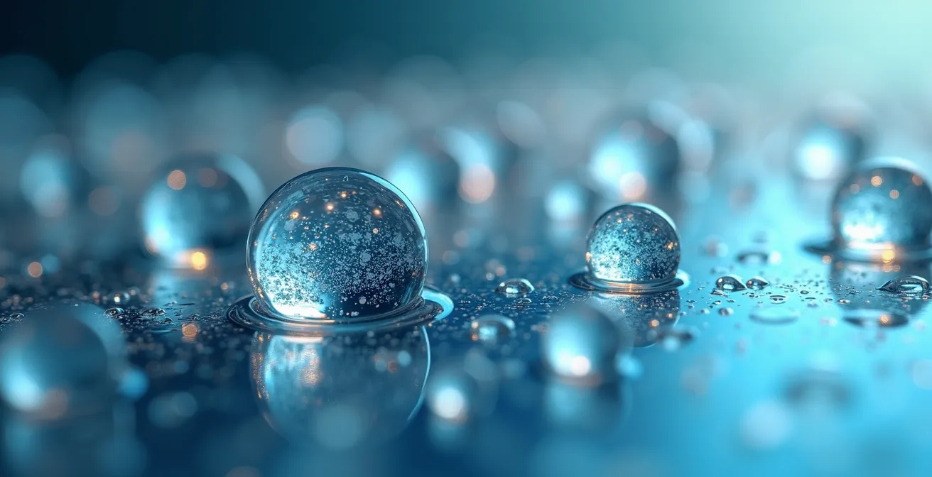 Close-up macro shot of water droplets on neural-like surface, visualizing hydration's effect on the brain.