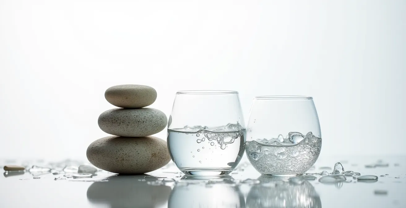 Split view showing ceramides as mortar between skin cells and hyaluronic acid as a hydration system within the skin.