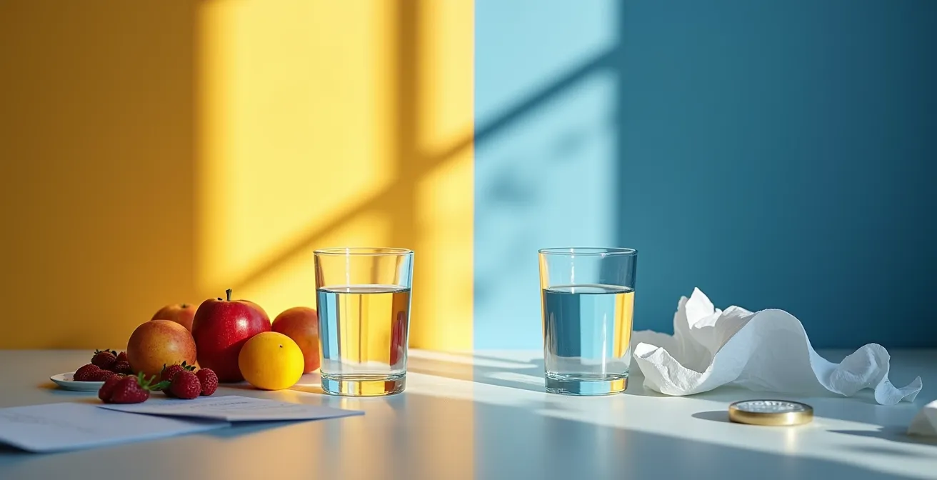 A symbolic split-screen showing a well-hydrated morning desk vs a dehydrated and stressful evening desk.