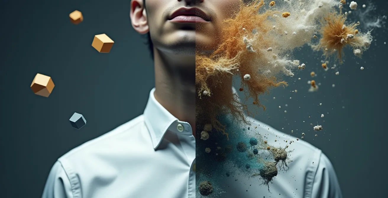 Split composition showing contrast between formal business thinking and creative casual cognition