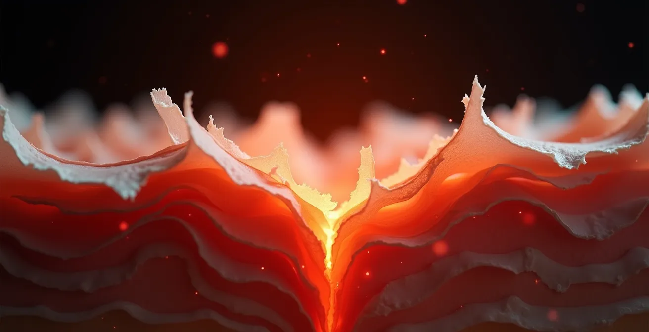 Cross-section view of disrupted skin barrier after improper dermaplaning showing microscopic abrasions