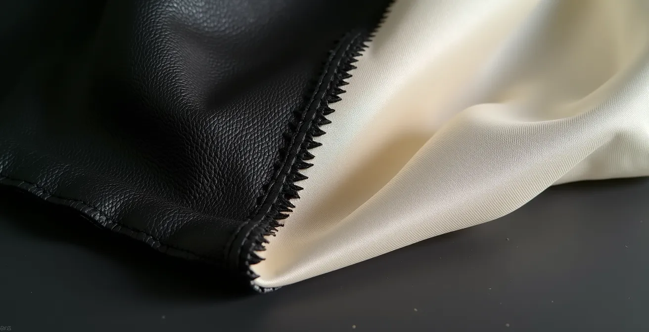 Close-up detail of leather and silk fabrics interacting with raw edges visible