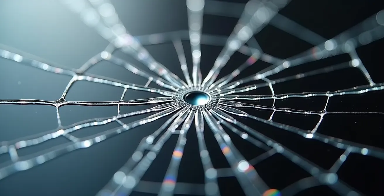 Macro view of tempered glass screen protector showing impact dispersion pattern