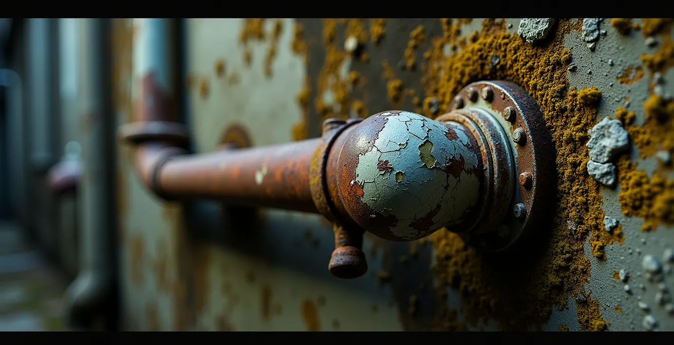 Photographer using smartphone screen light to illuminate abandoned basement interior creating dramatic shadows and textures