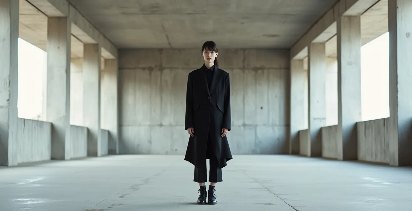 Wide environmental shot of person wearing single deconstructed piece in minimalist space