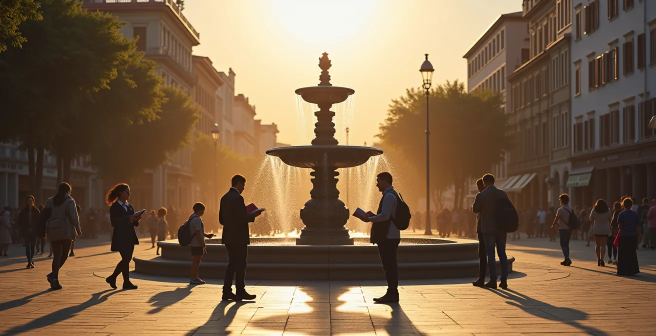 Multiple generations and professions gathered in a public square, representing diverse narratives