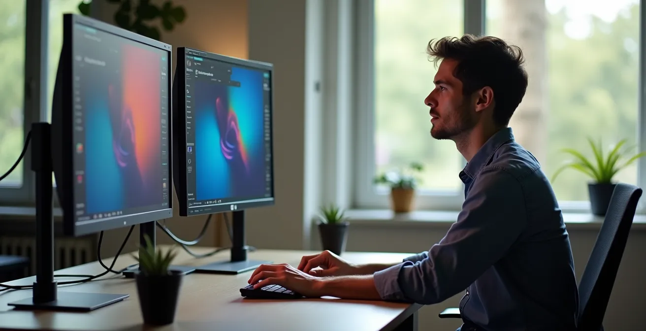 Ergonomic video editing workstation showing optimal monitor positioning and viewing angles