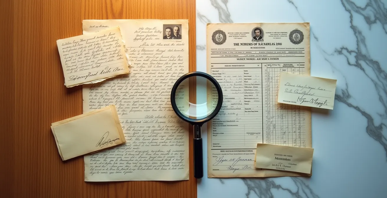 Split composition showing handwritten family letters on one side and official government documents on the other, representing the duality of family narrative versus documented history
