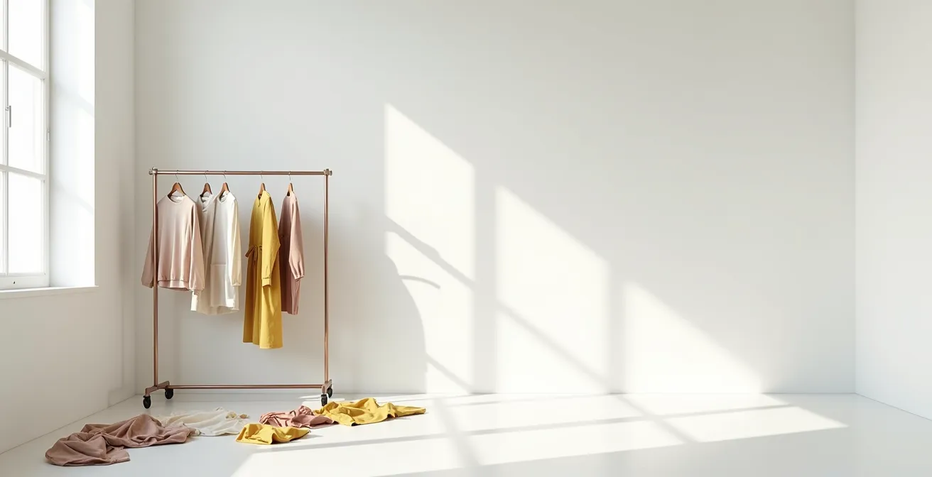 Wide shot of empty clothing rack in minimalist space with scattered garments representing fragmented personal style