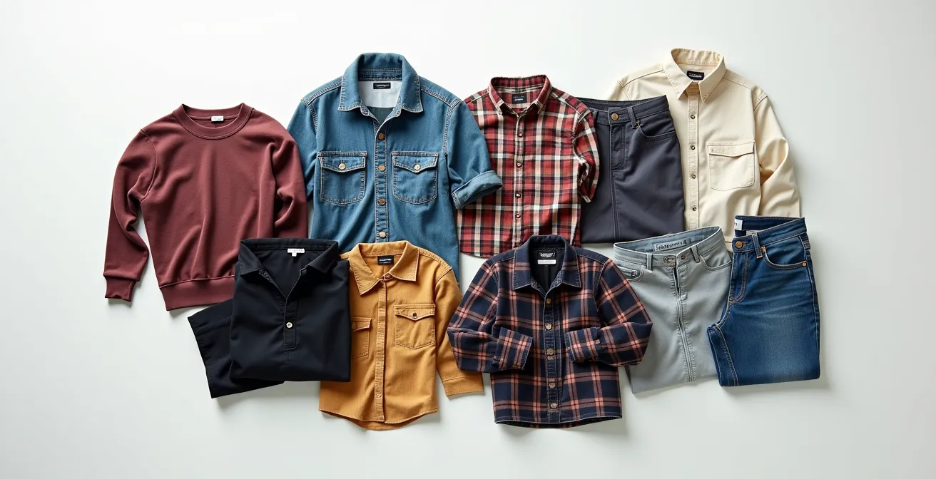 Wide shot of diverse vintage and modern clothing pieces arranged in a non-linear, overlapping pattern representing timeline collapse