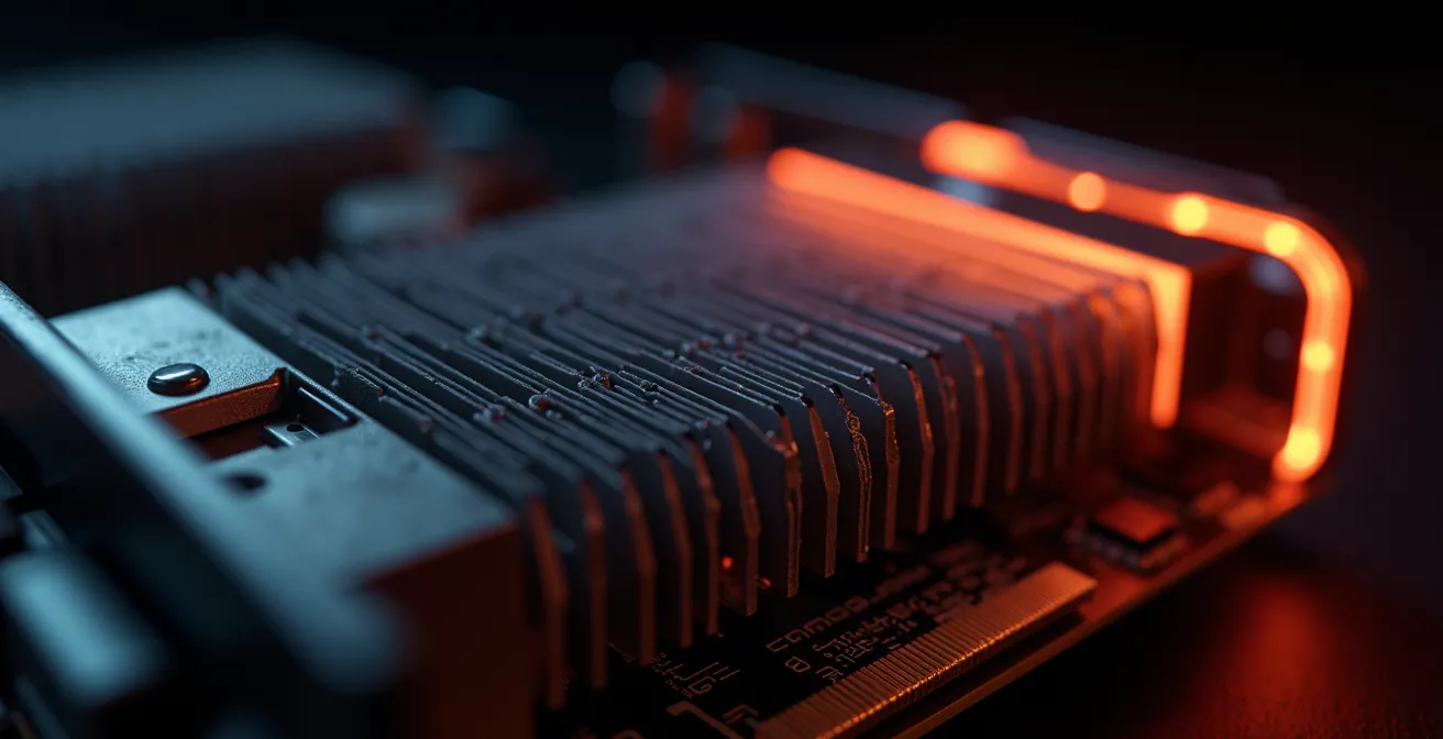 Extreme close-up of graphics card showing heat dissipation and performance indicators