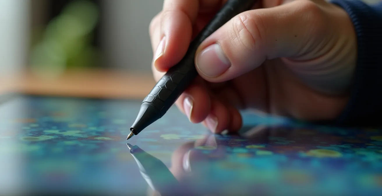 Close-up of artist hand demonstrating proper stylus grip and drawing technique