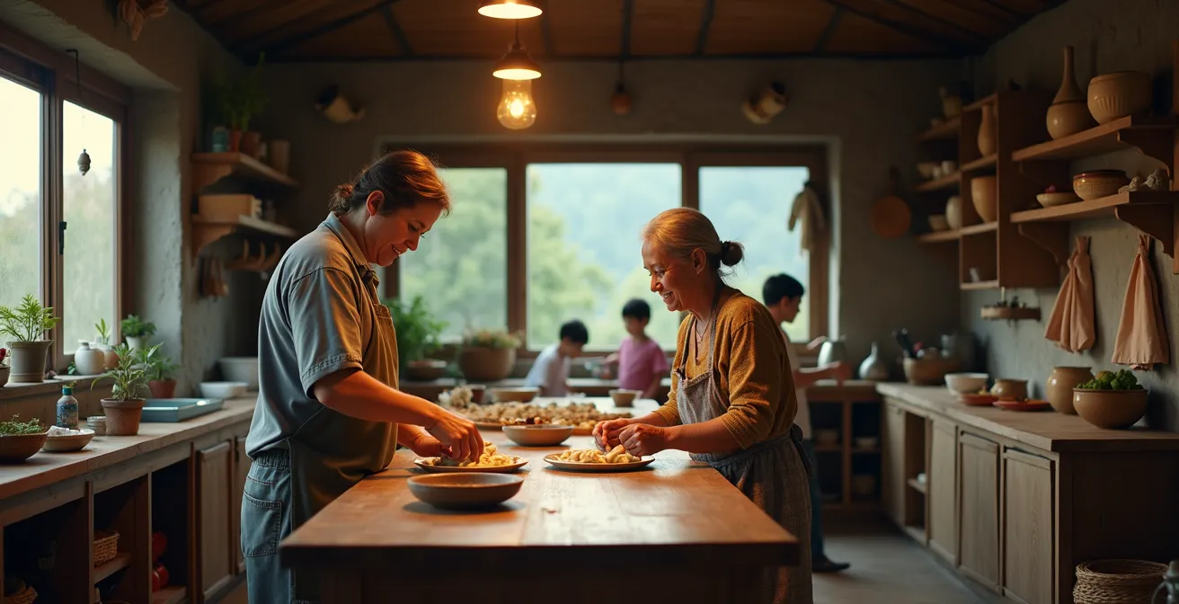 Family cooking together in a traditional kitchen, showing authentic daily life interaction