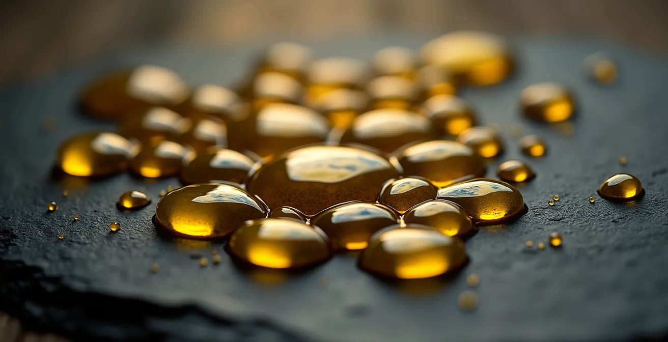 Close-up macro view of oil droplets forming hormone-like molecular structures