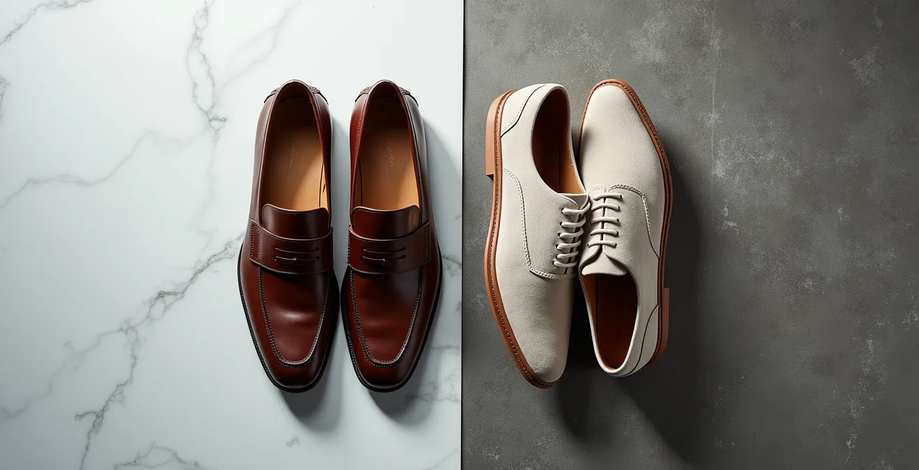 Split composition showing premium leather loafers versus minimalist dress sneakers with joggers