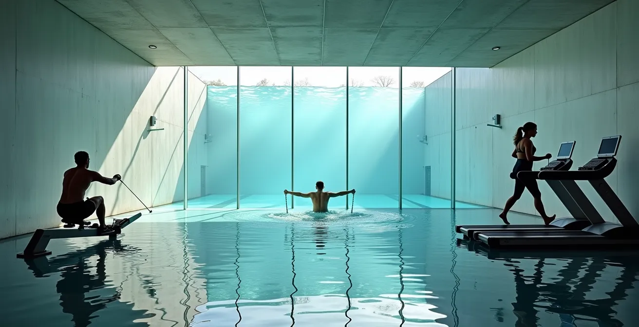 Athletes performing low-impact cardio exercises including rowing, swimming, and incline walking