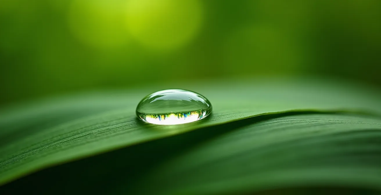 Macro detail of water droplet on bamboo leaf showing the concept of Ma