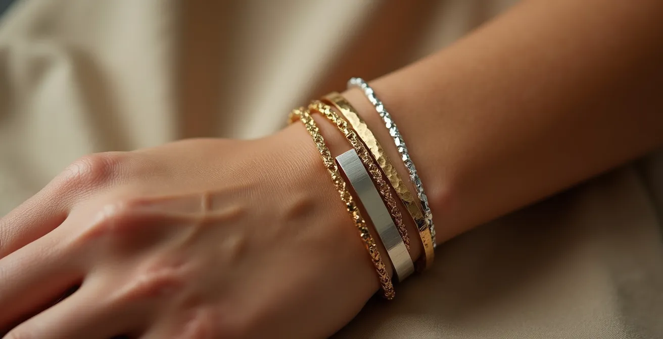 Close-up comparison of gold and silver jewelry pieces against different skin tones