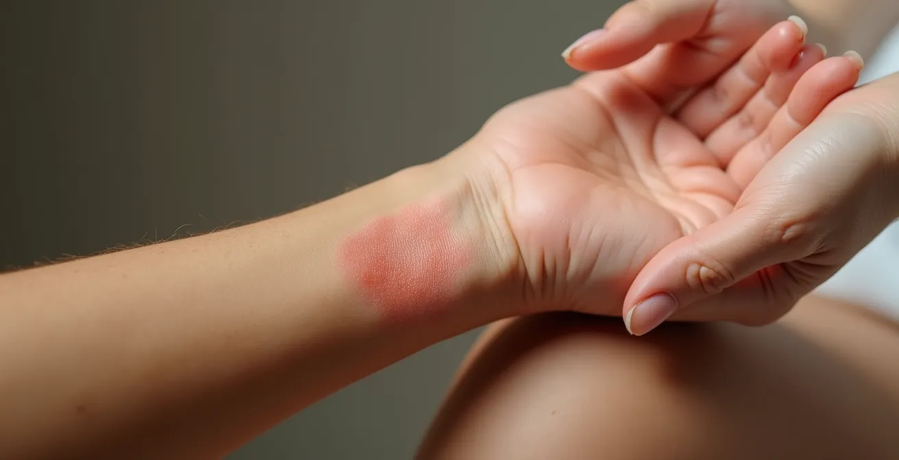 A close-up of a hand showing the contrast between healthy skin and a slightly reddened, irritated area from over-exfoliation.