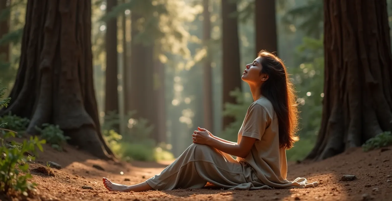 A person sits peacefully on the forest floor in a meditative pose, surrounded by tall trees.