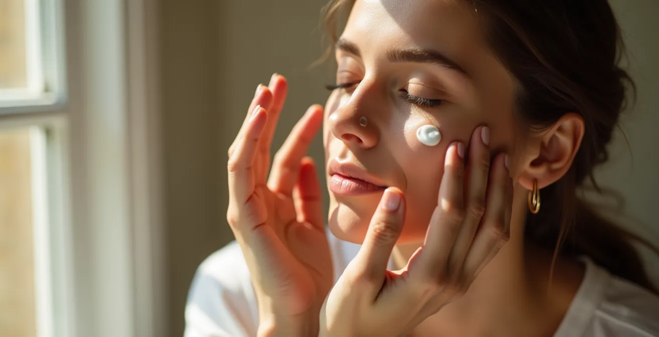 Woman applying ceramide-rich cream to face in soft morning light setting