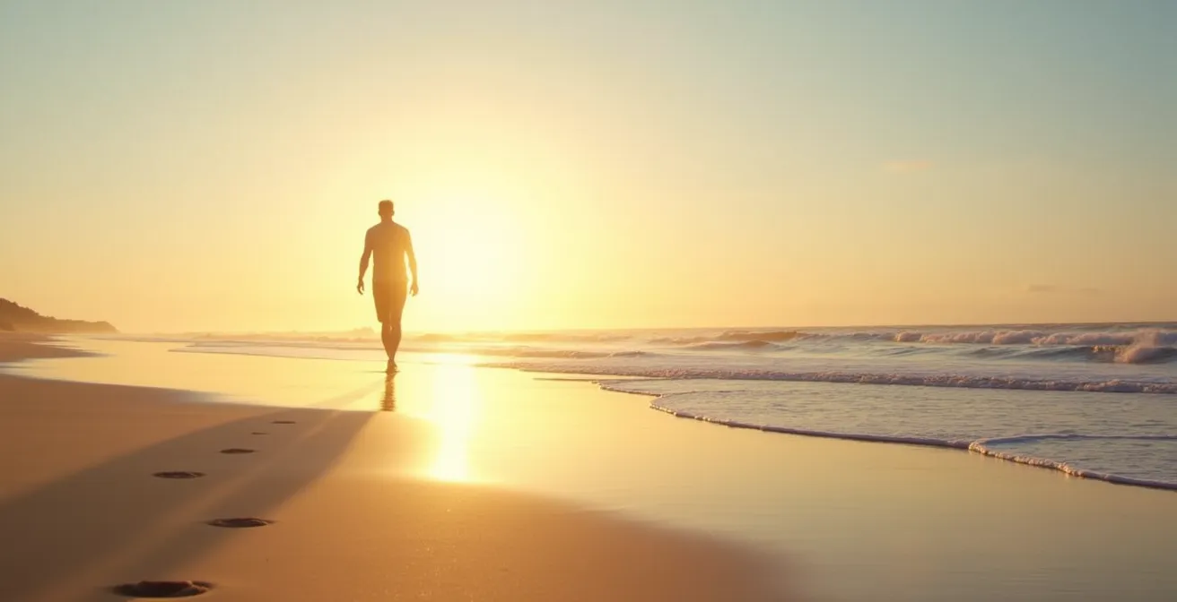 Person walking barefoot on beach at sunrise for natural cortisol rhythm reset