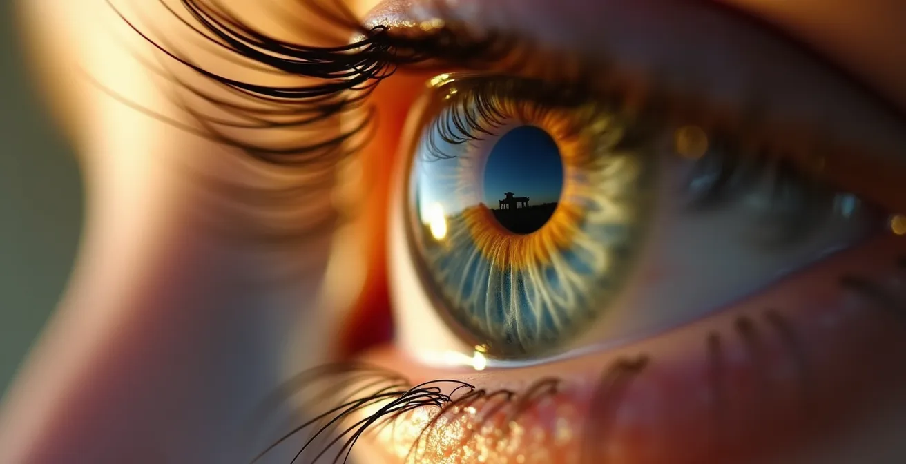 Close-up of an eye reflecting a distant natural landscape, symbolizing the 20-20-20 focus-shifting technique.