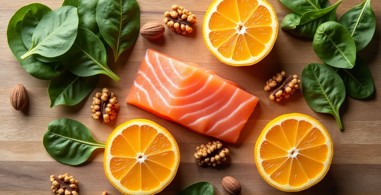 Colorful arrangement of salmon, citrus fruits, nuts and leafy greens on wooden surface
