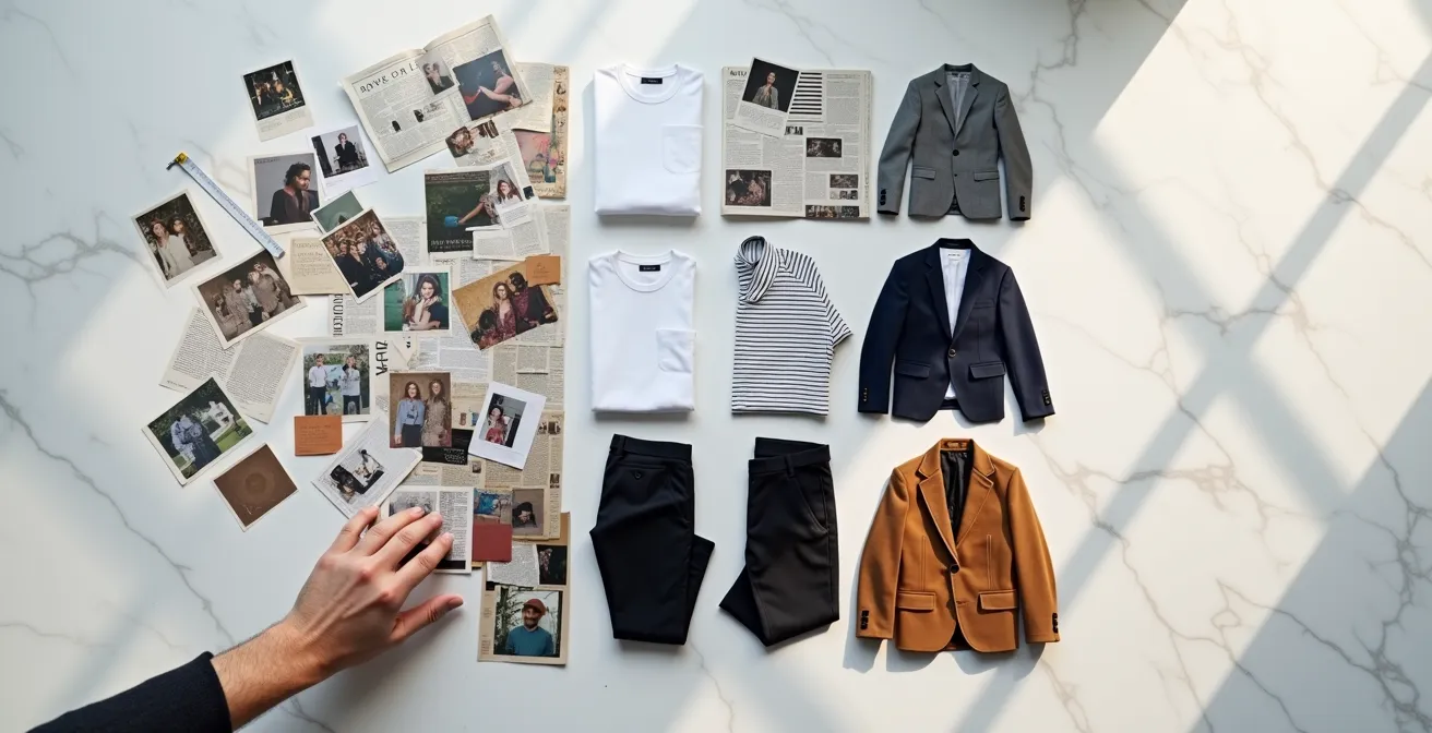 Overhead view of clothing items arranged from chaotic Pinterest inspiration to organized capsule system