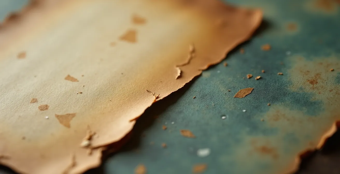 Macro close-up of weathered vintage photograph showing texture and aging, with restoration process visible