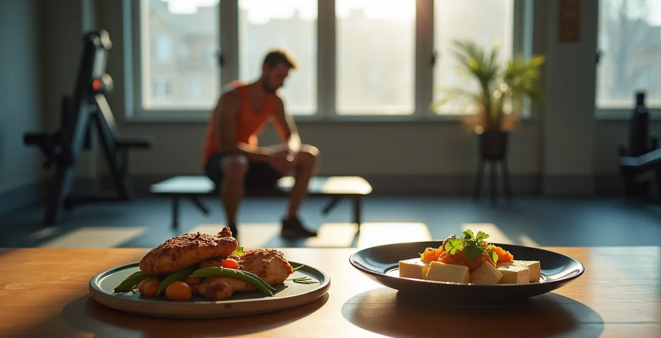 Environmental wide shot showing athlete in post-workout setting with protein sources