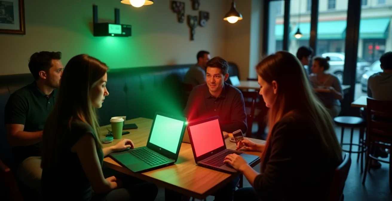 Coffee shop scene showing invisible Wi-Fi security threats