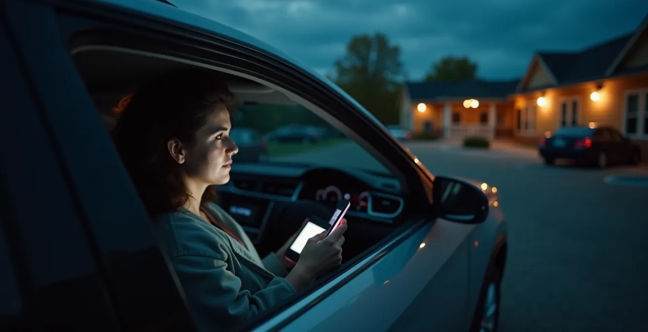 Rural resident using public Wi-Fi in parking lot showing security vulnerabilities