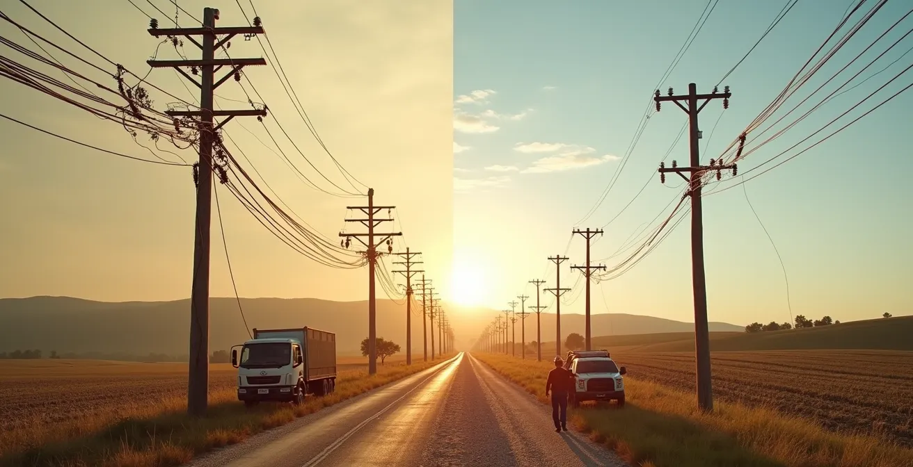 Rural landscape showing contrast between old infrastructure and modern fiber optic installation