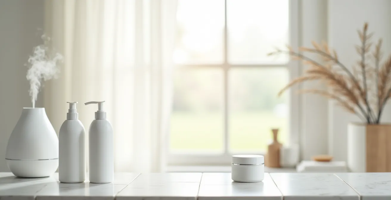 A calm bathroom setting with three minimalist, brandless skincare products representing a healing routine.