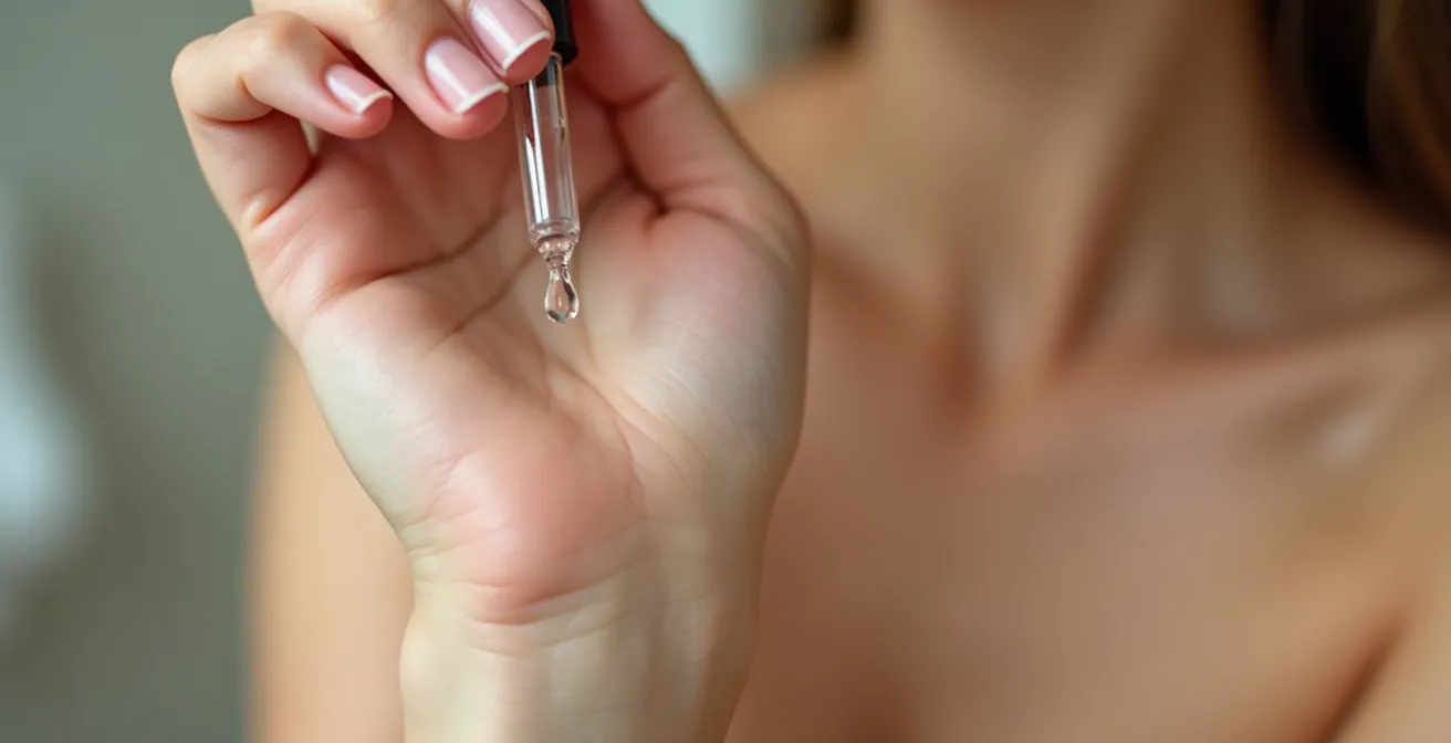Hand gently applying serum drop to inner wrist for patch testing
