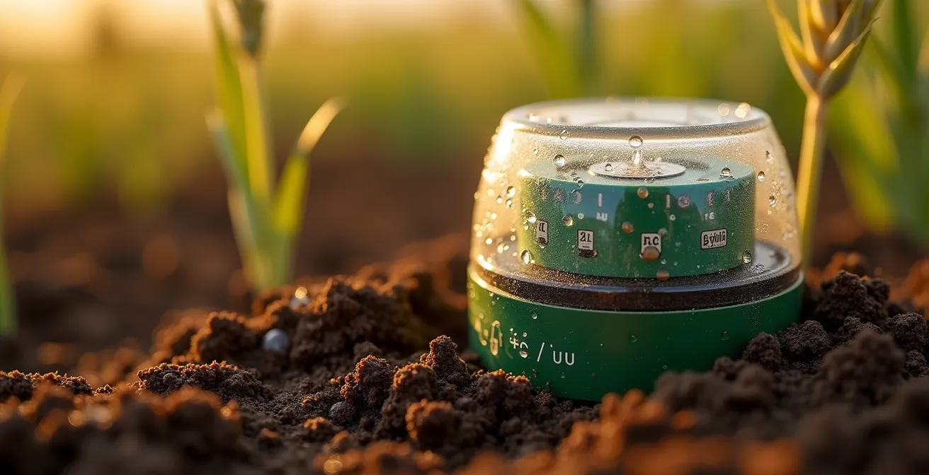 Agricultural IoT sensors and smart farming equipment in rural setting showing security vulnerabilities