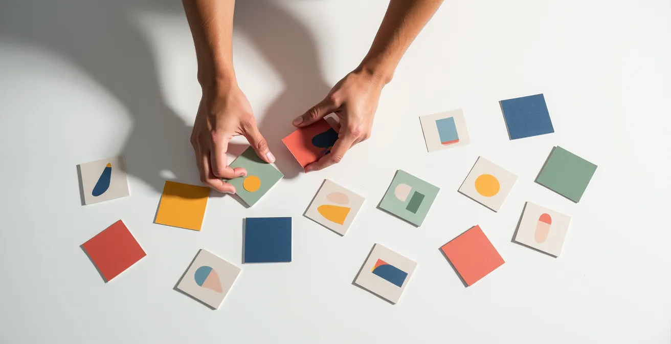 Person thoughtfully organizing colorful cards on a table representing social media curation