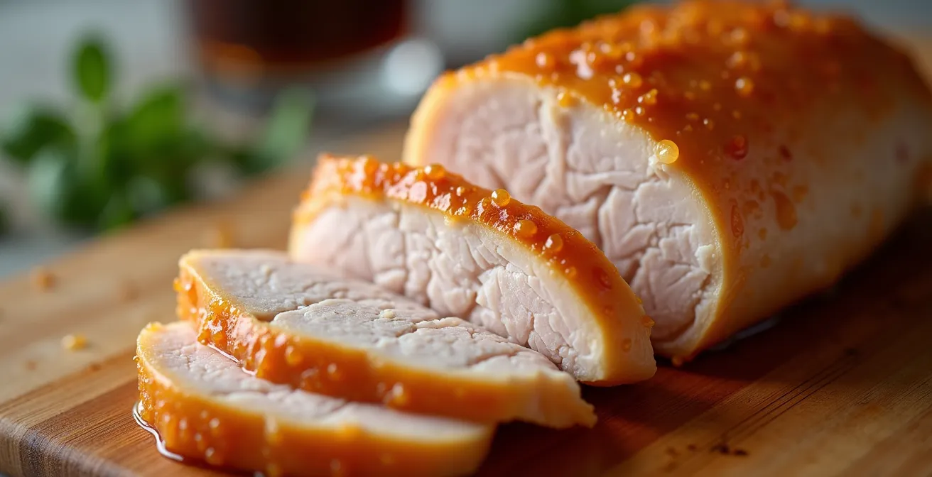 Close-up of sous vide cooked chicken breast showing juicy texture and protein preservation
