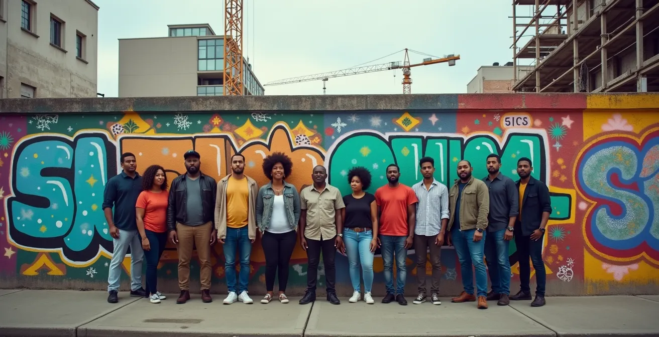 Urban street corner showing contrast between colorful commissioned murals on renovated buildings and older graffiti on deteriorating walls