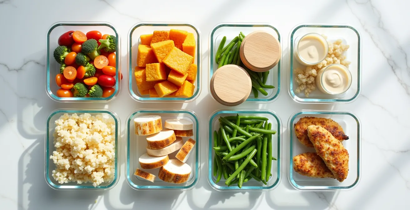 Overhead view of meal prep containers with colorful prepared ingredients