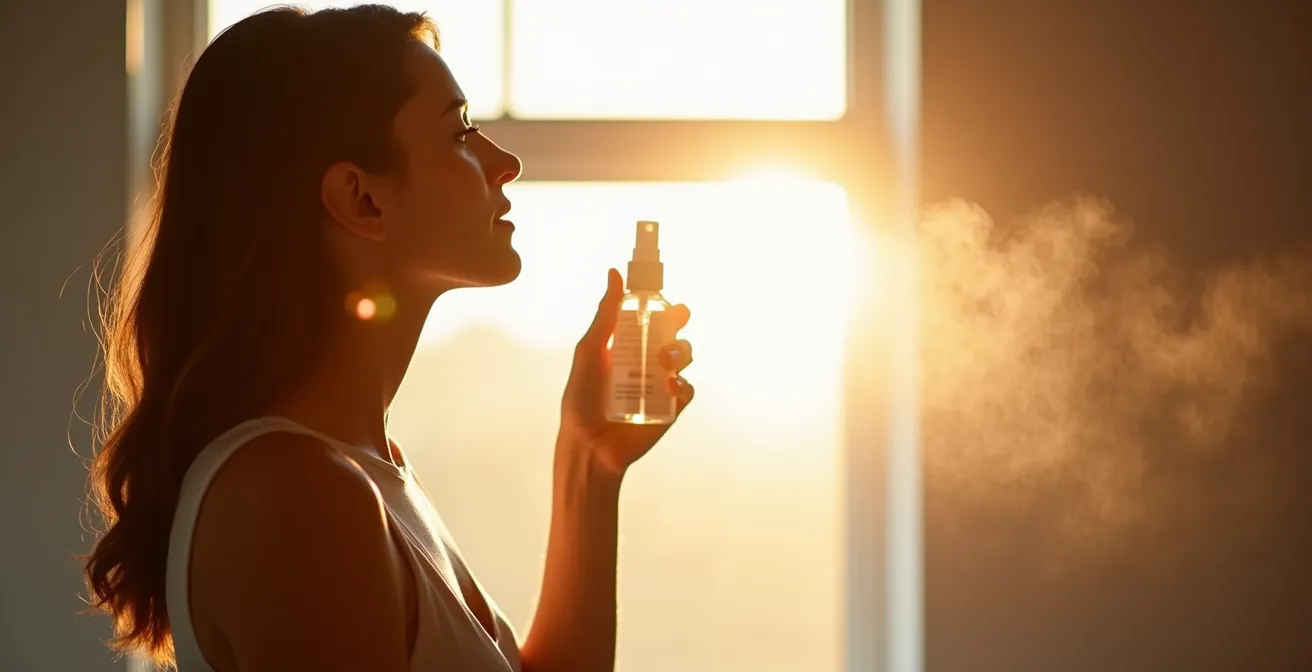 Woman applying sunscreen mist over makeup in soft natural light