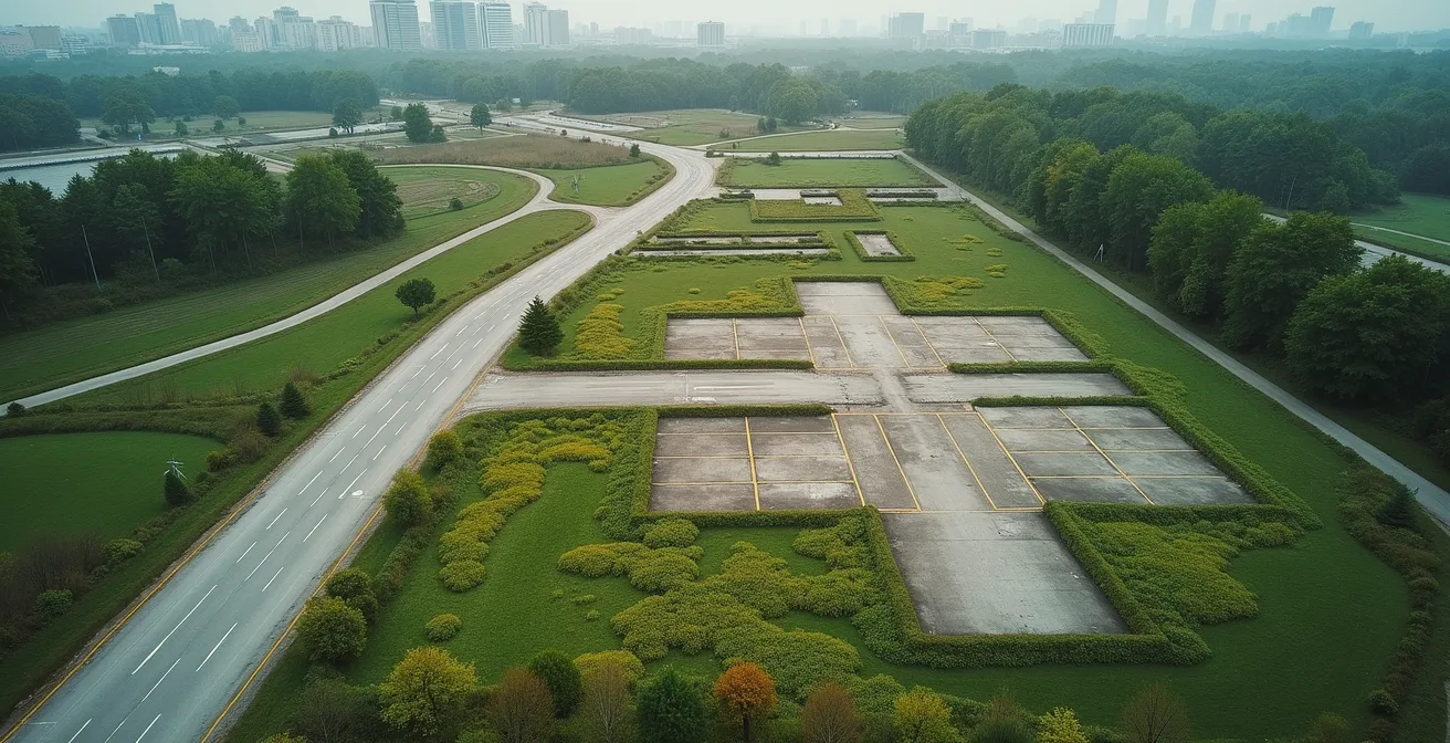 Aerial perspective showing abandoned factory complex with nature overtaking parking lots and rooftops deteriorating over time
