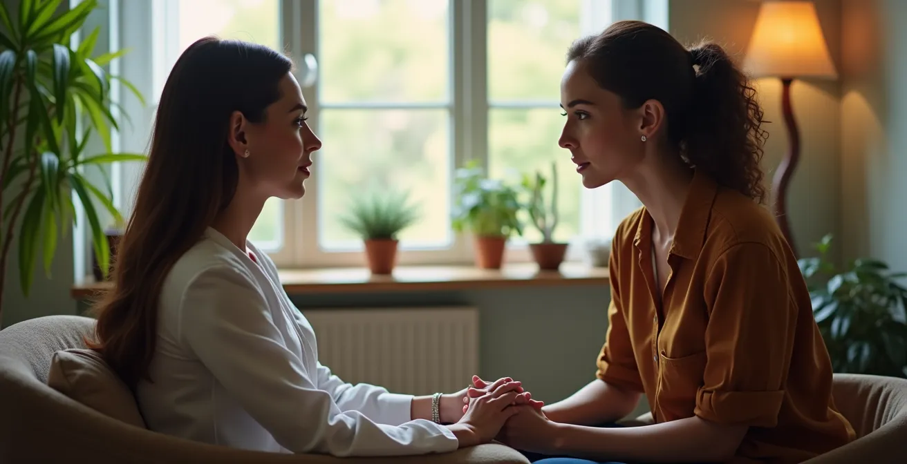 Two people in a professional consultation setting with a notebook and comfortable seating