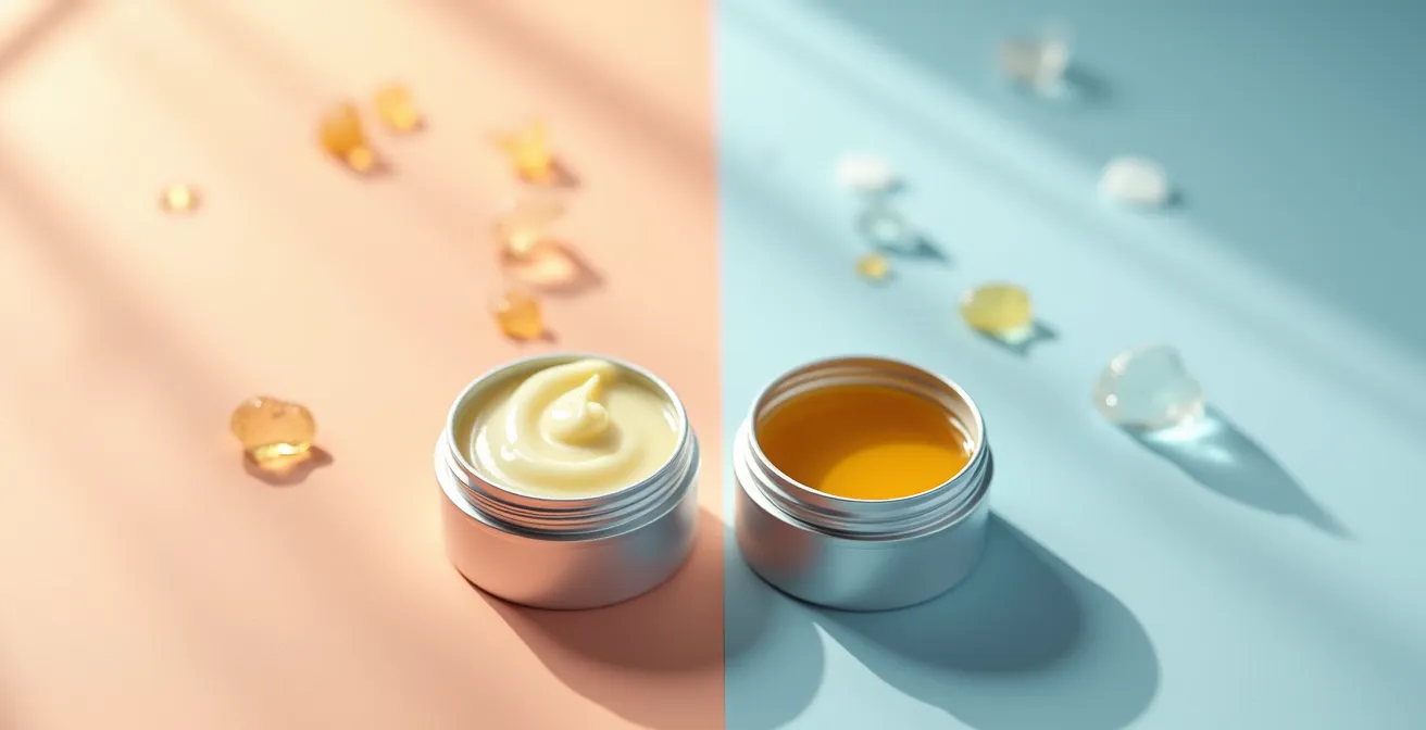 Cleansing balm and oil textures shown in travel-sized containers against minimalist background