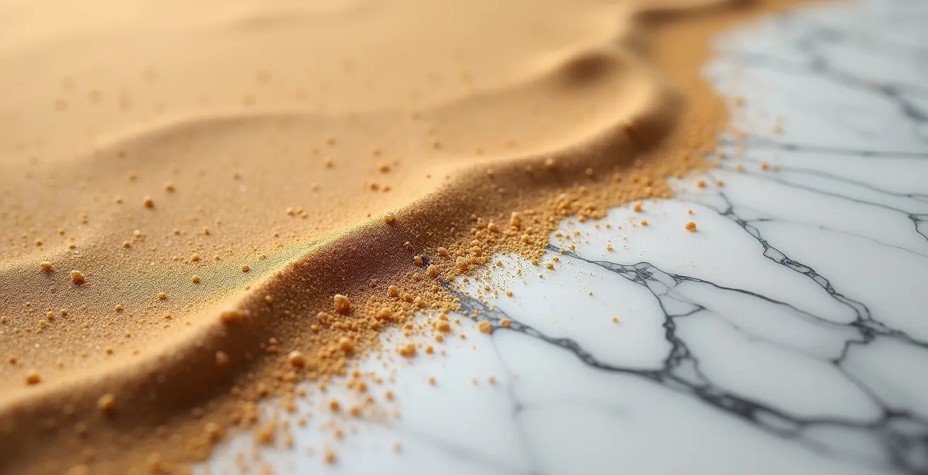 Macro photograph showing contrasting textures of fleeting sand and permanent stone representing trend lifecycles